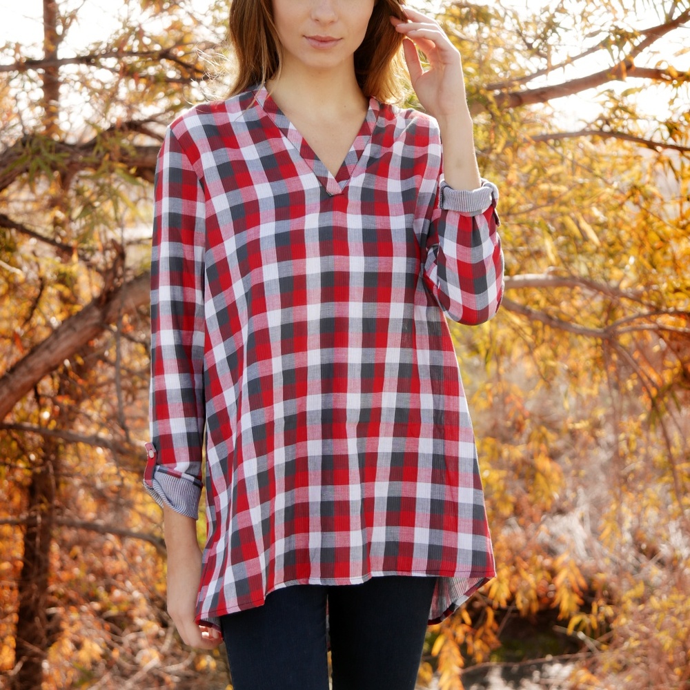 Red Plaid Flannel Notch-Neck Tunic